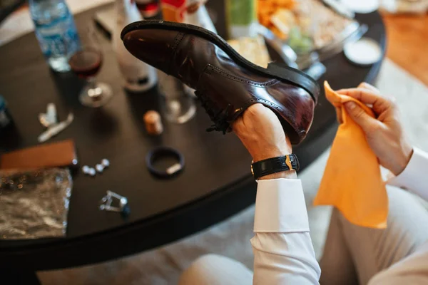 Close Man Cleaning Shoes While Getting Ready Wedding Ceremony — Photo