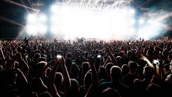 Back View Excited Audience Arms Raised Cheering Front Stage Music — Foto Stock