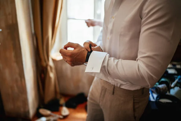 Unrecognizable Groom Putting Wristwatch Hand While Getting Dressed His Wedding — Photo