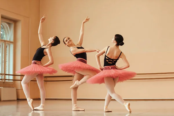 Three Ballerinas Practicing Choreography Ballet Class Dance School — стоковое фото