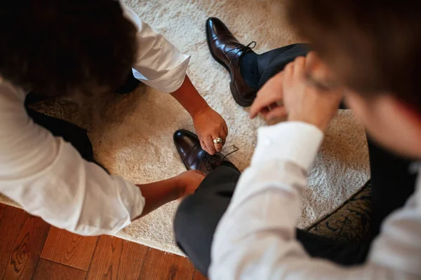 High Angle View Unrecognizable Woman Helping Groom Getting Dressed His — Photo