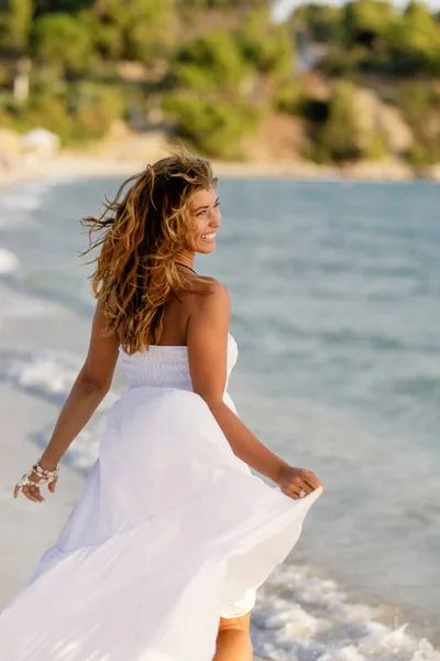 Happy Woman Feeling Carefree While Running Sundress Shore Summer Day — Stockfoto