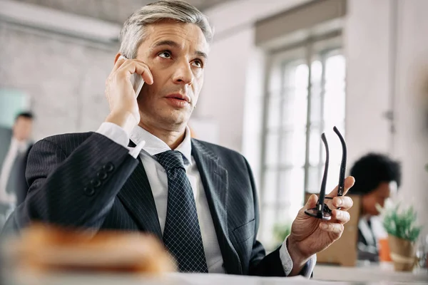 Low Angle View Displeased Businessman Using Mobile Phone Talking Someone — Stock Fotó