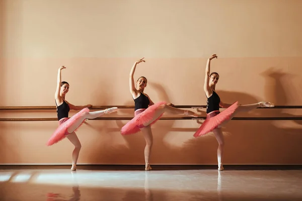 Group of happy teenage ballet dancer holding on a barre while practicing at ballet school and looking at camera. Copy space.