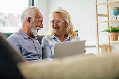 Happy senior couple surfing the net on a computer and communicating while relaxing at home. 