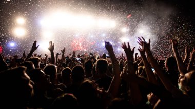 Crowd of people having fun while watching confetti fireworks at music festival. Copy space.