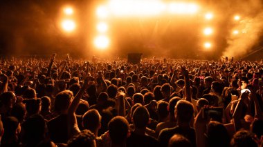 Back view of crowd of fans watching live performance on music concert at night. Copy space. 