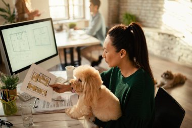 Asyalı iş kadını köpeğini tutarken ve ofiste çalışırken planları okuyor.. 