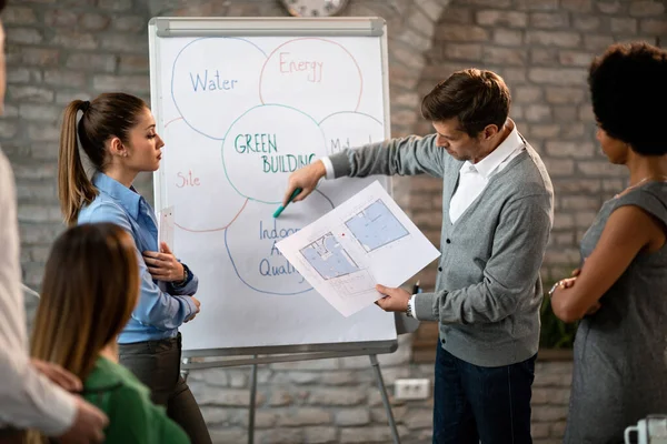 Business Leader Giving Presentation His Team Explaining Project Plans Whiteboard — Fotografia de Stock