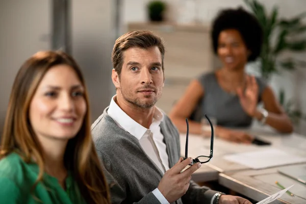 Mid Adult Businessman Having Meeting Colleagues Board Room — Fotografia de Stock