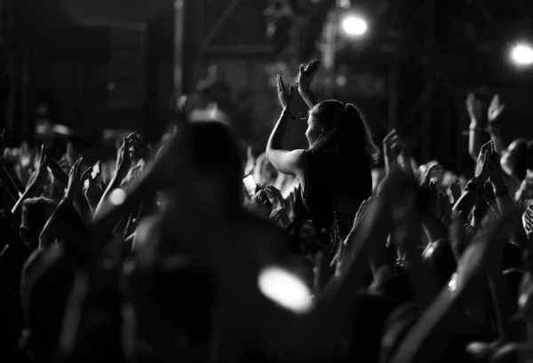 Black White Photo Crowd Having Fun Music Festival Night — Stockfoto