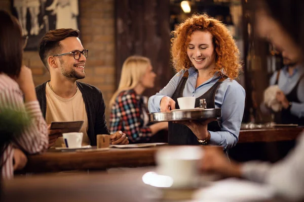 Happy Waitress Giving Coffee Customers While Serving Them Coffee Shop — Stockfoto
