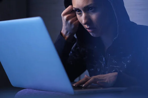 Young Woman Breaching Network Security System Stealing Data Laptop Night — Stok fotoğraf