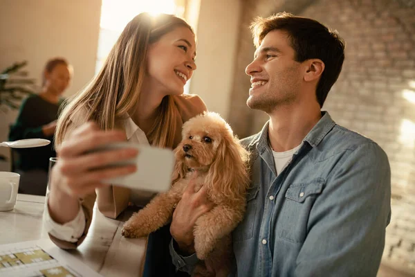 Young Happy Freelancers Taking Selfie Dog While Working Office — Photo