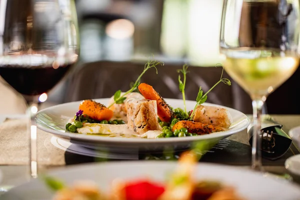 Fine dining meal served on  the table in a restaurant. 