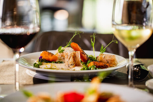 Fine dining meal served on  the table in a restaurant. 