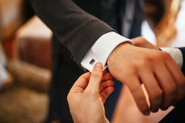 Close Man Helping Groom Getting Dressed Adjusting Sleeves His Suit — Photo