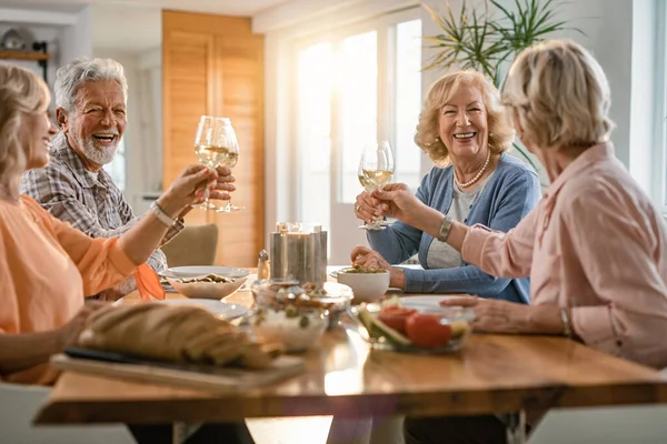 Cheerful Senior Friends Toasting Wine Having Fun Lunch Time Home — Foto Stock