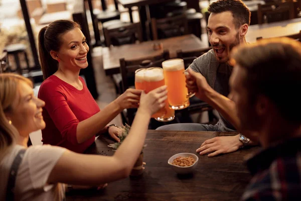 Group Young Happy People Having Fun While Toasting Beer Bar — Foto de Stock