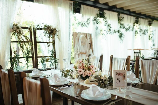 Rustic reception venue for newlyweds in a restaurant.