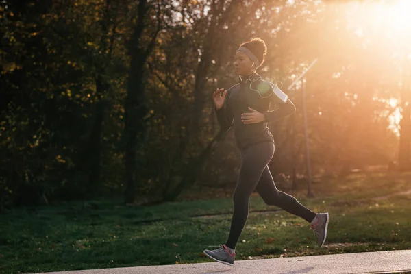 African American athletic woman running in the park during sunny autumn day. Copy space.