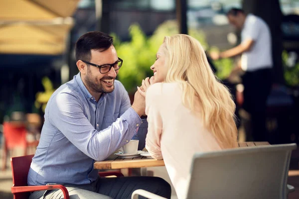 Affectionate Couple Holding Hands While Being Date Cafe — Stockfoto