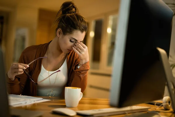 Young Tired Woman Having Headache While Working Late Computer Home — Foto de Stock