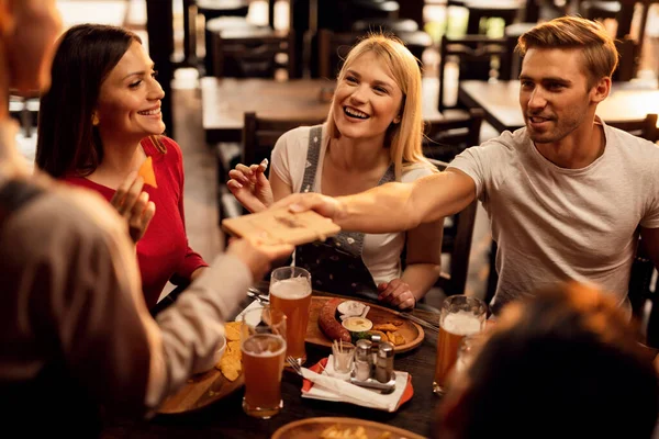 Young Happy Friends Enjoying Lunch Tavern Paying Bill Waiter — Stockfoto