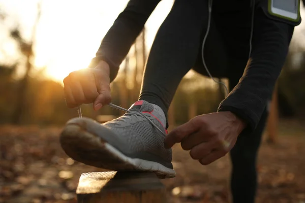 Close African American Athlete Getting Ready Run Tying Her Shoelace — Stock Fotó