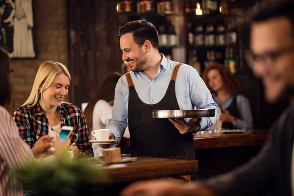 Young Happy Woman Enjoying While Waiter Serving Her Coffee Cafe — Foto de Stock