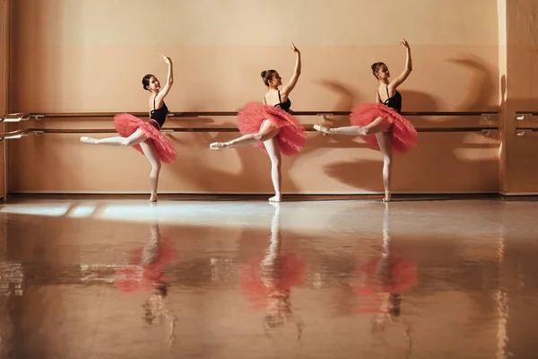 Graceful ballet dancers holding on a barre while rehearsing at ballet school. Copy space.