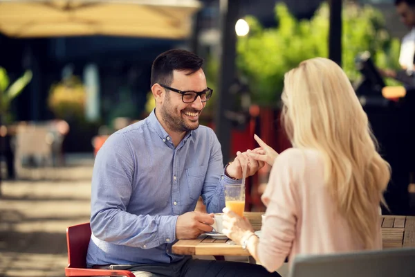 Happy Couple Holding Hands Communicating While Being Date Cafe Focus — Fotografia de Stock