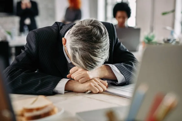 Overworked Businessman Feeling Tired Office Resting His Head Desk People — Foto de Stock