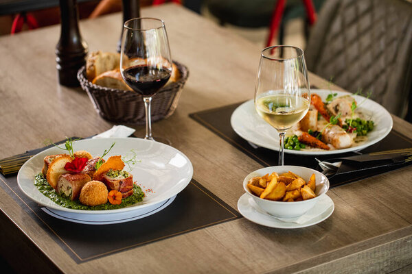 Served lunch on dining table in a restaurant. 
