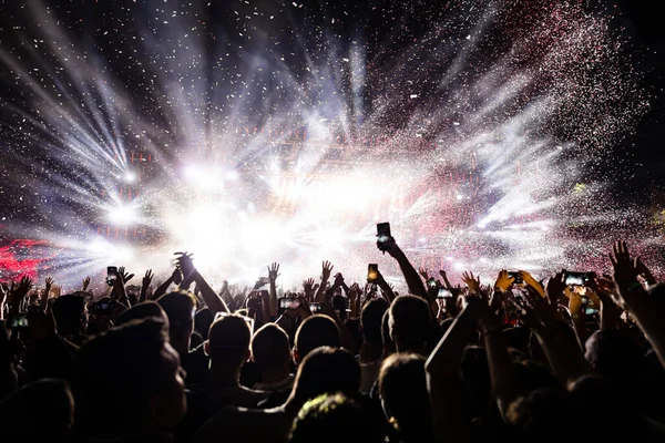 Excited Audience Watching Confetti Fireworks Having Fun Music Festival Night — Foto Stock