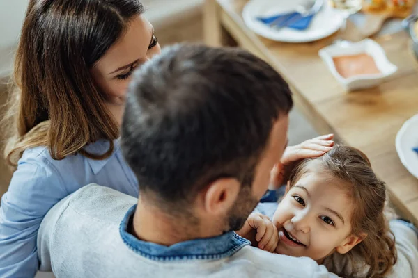 High Angle View Happy Family Enjoying Dining Table Focus Little — Stock Fotó