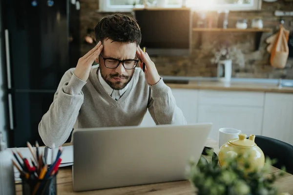 Stressed Businessman Having Headache While Working Computer Home — Foto de Stock
