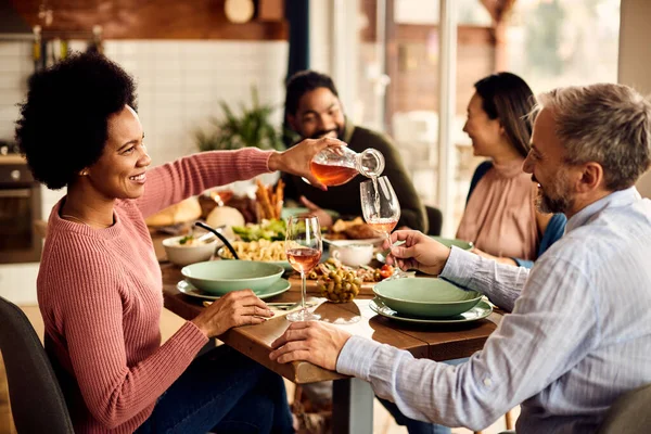 Group Happy Multiracial Friends Enjoying Meal Home Focus African American — Foto de Stock