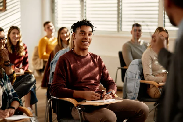 Happy Black Student Listening Lecture Classroom University — Stockfoto