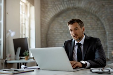 Male entrepreneur working on a computer at his office desk. 