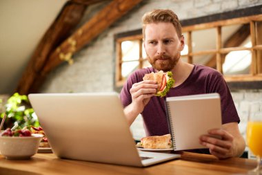 Redhead man reading an e-mail on laptop while eating sandwich for breakfast at home. 