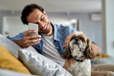 Close-up of a man using mobile phone while relaxing with a dog in the living room. Focus is on dog. 