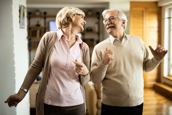 Happy Senior Couple Dancing Having Fun Home — Foto de Stock