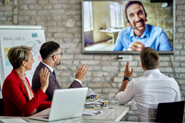 Rear View Business Team Waving While Having Meeting Coworker Video — Fotografia de Stock