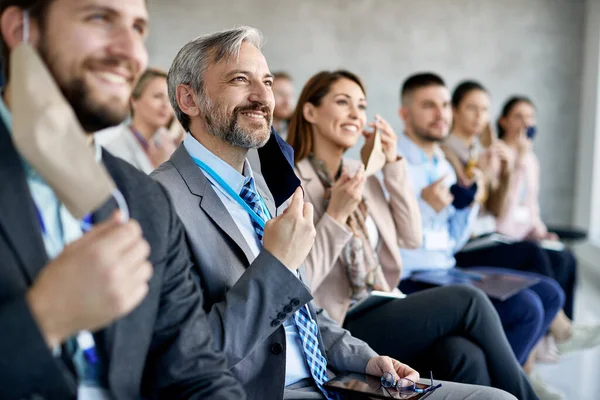 Happy Mid Adult Entrepreneur His Coworkers Attending Business Seminar Taking — ストック写真