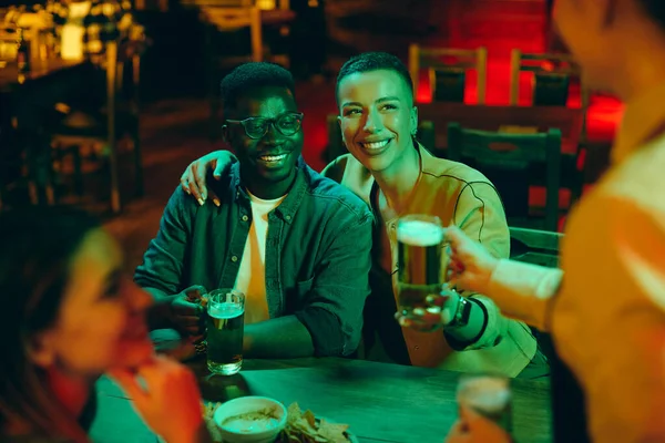 Young Happy African American Couple Enjoying While Waitress Serving Them — Foto de Stock