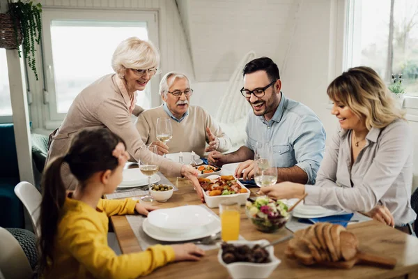 Happy Extended Family Having Lunch Together Dining Room Senior Woman — Foto Stock