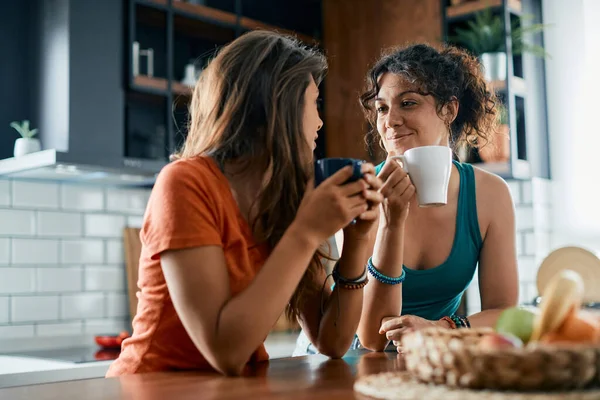 Young Woman Her Girlfriend Enjoying Cup Coffee While Talking Home — 图库照片