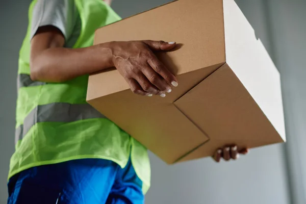 Low Angle View Unrecognizable Female Worker Carrying Package While Working — Foto Stock