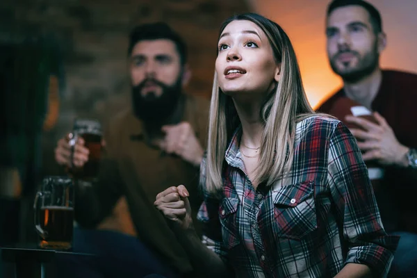 Excited Woman Her Friends Cheering Team While Watching Sports Match — Stockfoto